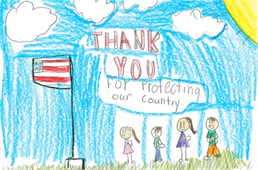 Drawing of smiling people next to US flag with words Thank You for protecting our country.