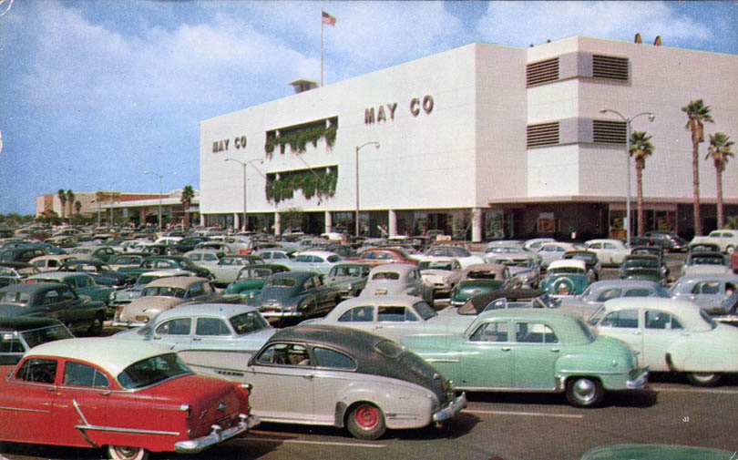 The May Company building and parking lot in 1954