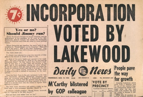 Newspaper headline: Incorporation Voted By Lakewood