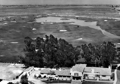 Golf course clubhouse and Bouton Lake in 1935
