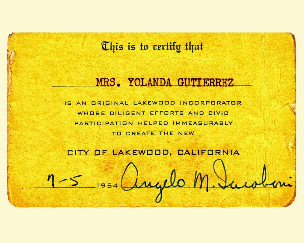 Card presented to incorporators in 1954