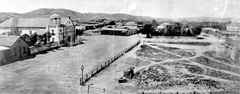 Old photograph of the Los Angeles plaza in 1869