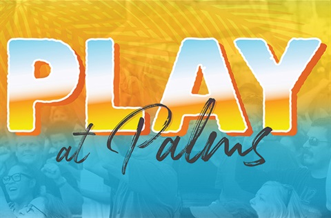 Orange and blue Play at Palms graphic