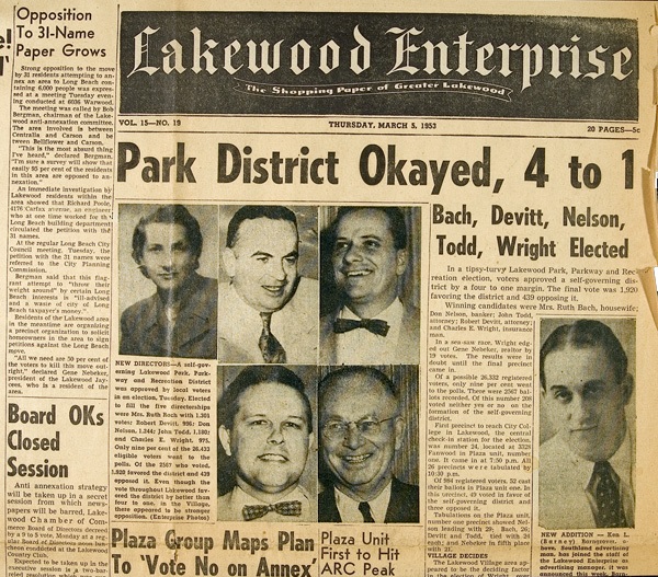 Newspaper headline announces the formation of the Lakewood park district