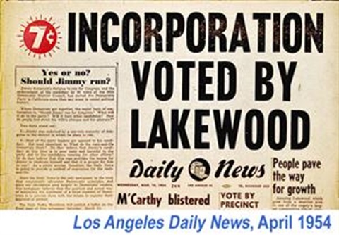 Los Angeles Daily News, April 1954 Headline - Incorporation Voted by Lakewood