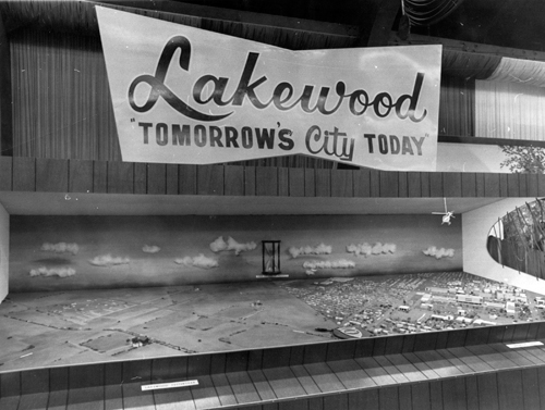 Diorama with banner reading Lakewood tomorrow's city today