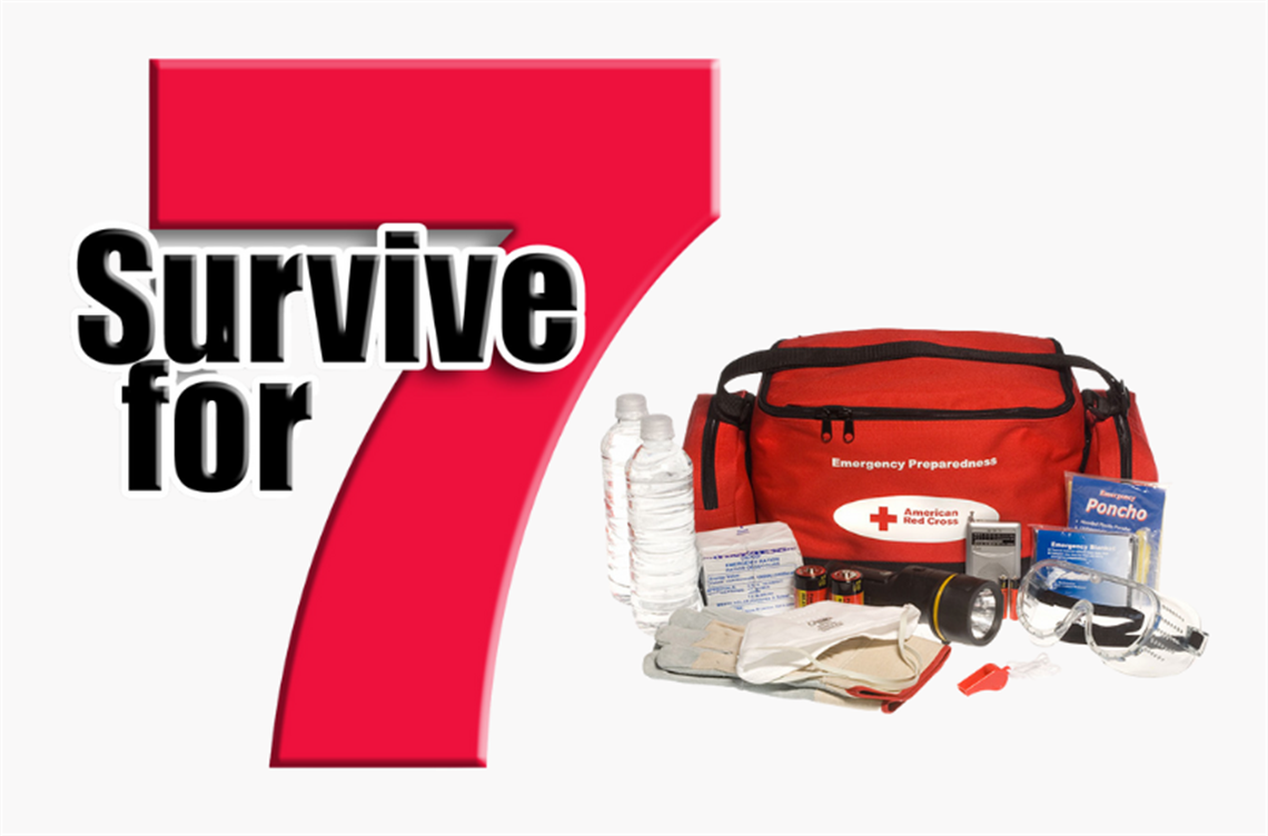 Survive for 7 logo and red emergency kit
