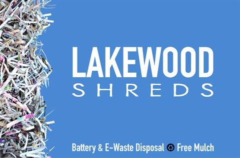Shredded paper and text Lakewood Shreds on blue background