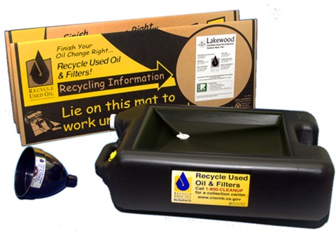 Oil recycling kits similar to this one are available free at Lakewood City Hall, at the public works counter