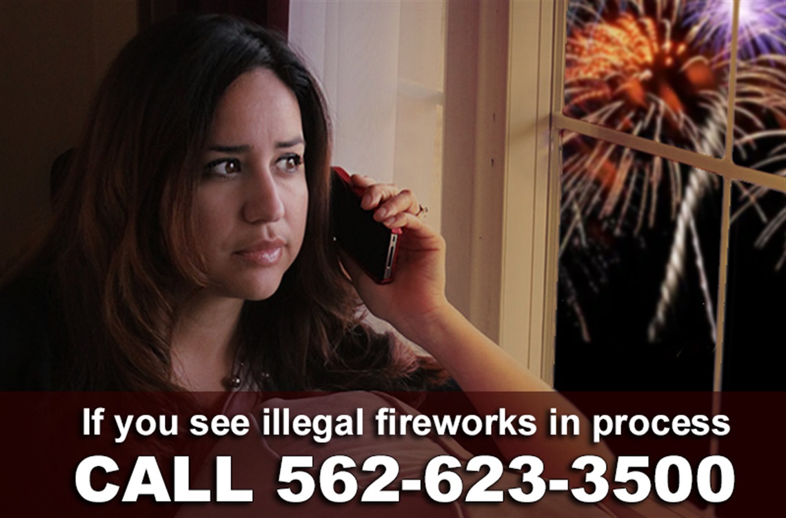 Woman holding phone seeing illegal fireworks