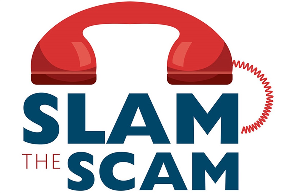 Red telephone receiver over slam the scam text