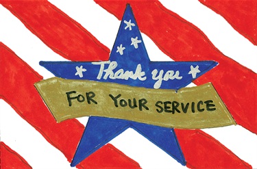 Blue star with gold ribbon on red and white striped background, with words Thank you for your service.