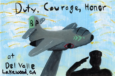 Drawing of plane at Del Valle Park with silhouetted saluting soldier and words Duty, Courage, Honor
