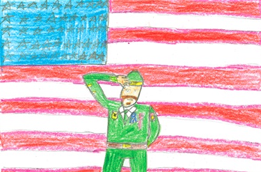 Drawing of soldier saluting in front of USA flag.